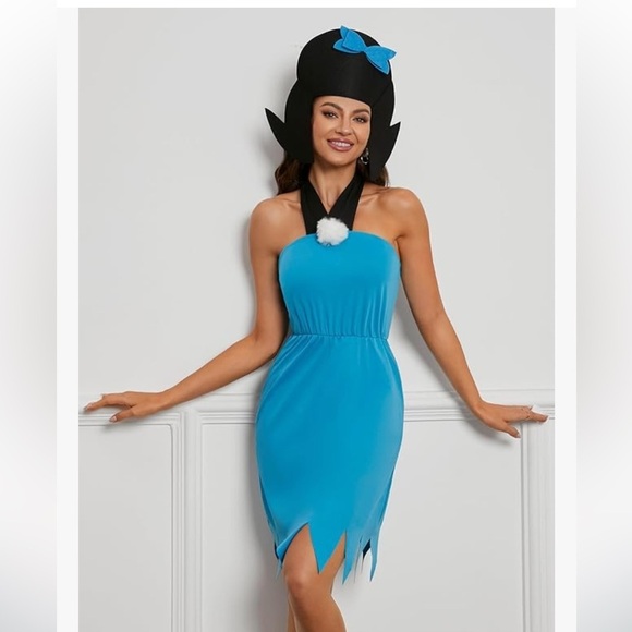 NWT Blue Halter Sleeveless Dress for Betty Rubble Costume, w/Felt Headpiece - Picture 4 of 7